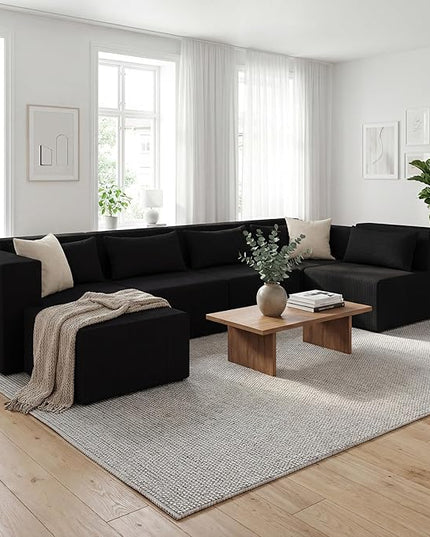 Minimalist Modular Corduroy Cloud Couch Sectional – Oversized Boneless Memory Foam Sofa for Living Room, Modern Comfy Couch, No Assembly Needed（130" U Shaped Boneless Sofa 5-Seater + 1*Ottoman,Black）