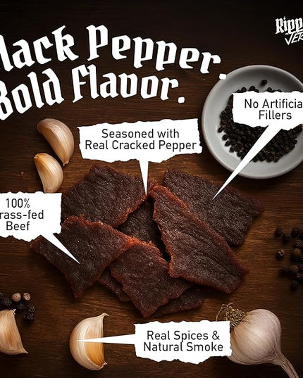 Ripped Beef Jerky - 100% Grass Fed Beef, 20g Protein, Real Ingredients, Gluten Free, No MSG, Made in USA (Pack of 3, Peppered)