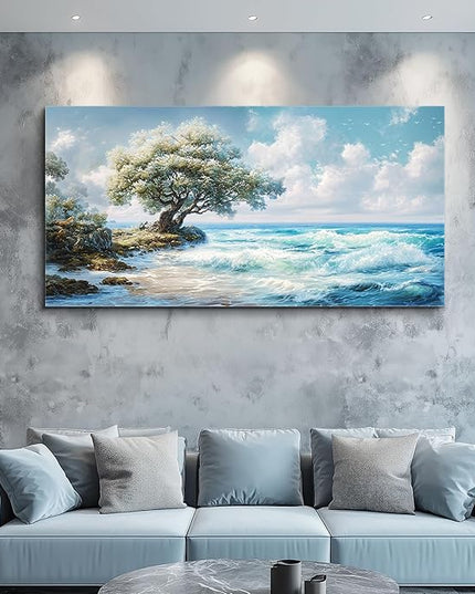 XIGUANGART Coastal Canvas Prints Wall Art Beach Sunset Ocean Waves Nature Pictures Trees on Rock Blue Painting Seascape Wall Decor for Living Room Bedroom Bathroom Home Office Artwork 40L x 20W