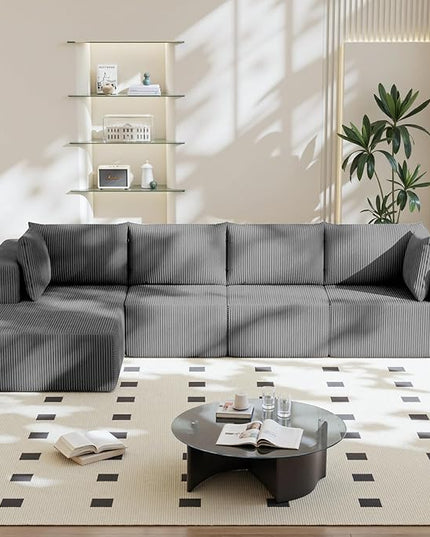 138" Boneless Couches for Living Room, Modular Cloud Couch Sofa - 4 Pieces L Shap Corduroy Sectional Sofa, Fluffy Memory Foam Sleeper Sofa Furniture, No Assembly, Wide Armrest, Grey