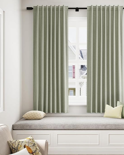 Sage Green Linen Blackout Curtains 63 Inch Length 2 Panels Set for Living Room Bedroom Back Tab Thermal Insulated 100% Black Out Linen Drapes Room Darkening Window Curtains 63 Inches Long