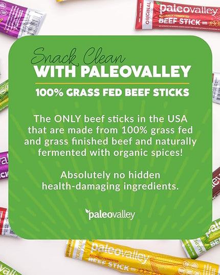 Paleovalley 100% Grass Fed Beef Sticks - Delicious Gluten Free Beef Snack - High Protein Keto Friendly, 50 Count Variety Pack