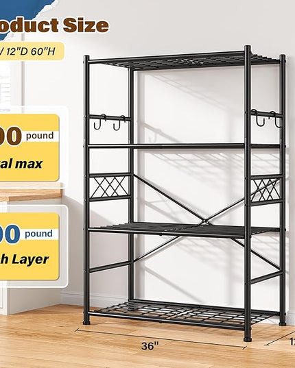 Storage Shelves 4-Tier Large Capacity Metal Shelving with Hooks, Heavy Duty Garage Shelving Unit with Leveling Feet, Stable Metal Shelves for Pantry, Kitchen and Closet,36" W x 12" D x 60" H, Black