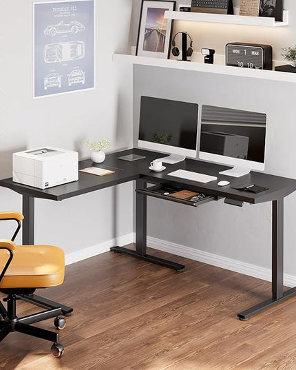 SANODESK L Shaped Electric Standing Desk with Drawer, 63 Inch Ergonomic Adjustable Height Desk with Storage, Corner Desk Sit Stand up Computer Table for Work Office Home, Black