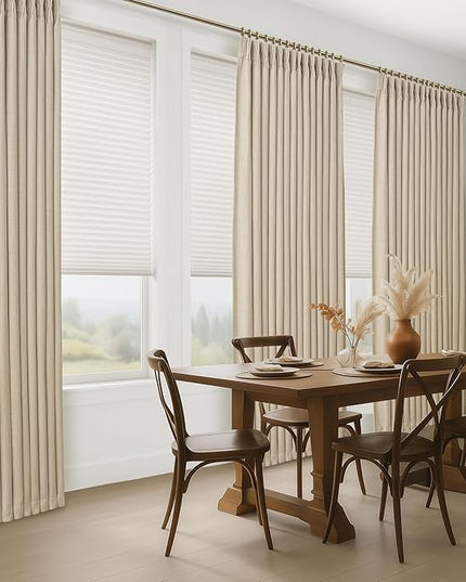 Beige Pinch Pleated Blackout Linen Double Layer Bedroom Curtains 92 Inches Long 2 Panels Set, Memory Trained Soundproof Room Darkening Thermal Neutral Nursery Window Curtain with Hook 40W x 92L