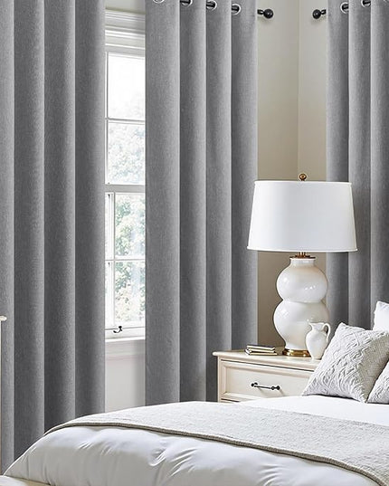 Dark Grey Linen Blackout Curtains 90 Inch Length 2 Panels Set for Bedroom Living Room Grommet 100% Black Out Linen Drapes Room Darkening Window Curtains 90 Inches Long Dark Gray