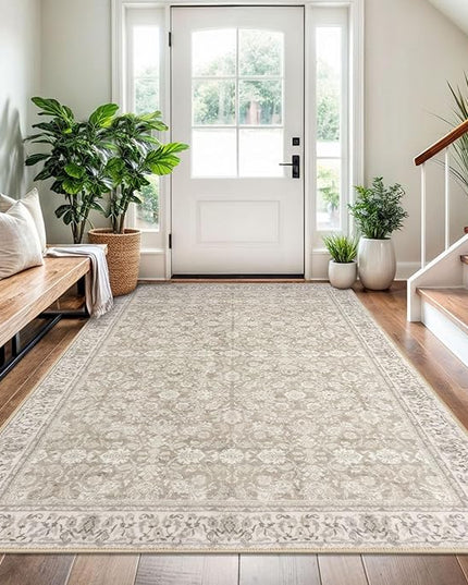 4x6 Washable Rug Cream Beige White Grey Small Area Rug for Entryway Soft Non-Slip Indoor Door Rugs Distressed Floral Low-Pile Doormat, Neutral Vintage Carpet for Entrance Kitchen Farmhouse