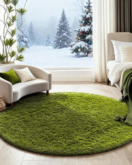 Ophanie Round Rug 4Ft Green Circle Area Rug, Green Room Decor, Fluffy Fuzzy Bedroom Carpet, Plush Soft Shaggy Living Room Rugs for Kids Home Decor Aesthetic, Nursery