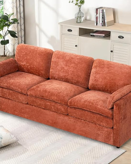 89" Chenille 3 Seats Sofa with 2 Pillows, Modern Upholstered Sofa with Deeper Seats, Comfy Sofa with Thickened Cushions for Living Room, Apartment, Orange
