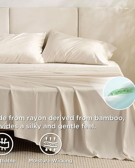 Bedsure California King Sheet Sets, Cooling Sheets, Rayon Derived from Bamboo, Breathable & Soft, Deep Pocket Up to 16 Inches, Hotel Luxury Silky Bedding for Hot Sleepers, Light Beige