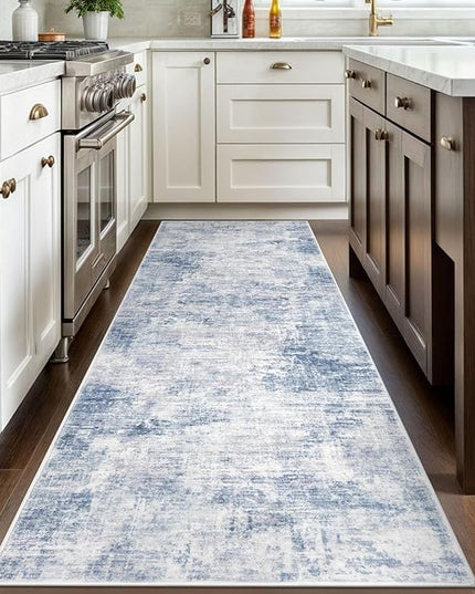 IOHOUZE Abstract Runner Rug 3x8 Ft Washable Runners for Hallways, Non Slip Kitchen Runner Printed Faux Wool Entryway Runner Indoor, Modern Abstract Floor Carpet for Hall Bedroom, Light Blue White
