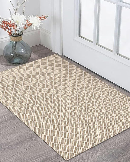 KOZYFLY Small Area Rug 2x3 Ft Washable Entryway Rug Non Slip Rubber Backed Throw Rugs Indoor Door Mat, Braided Cotton Floor Carpet for Front Entrance Front Door Sink Foyer, Tan/Beige