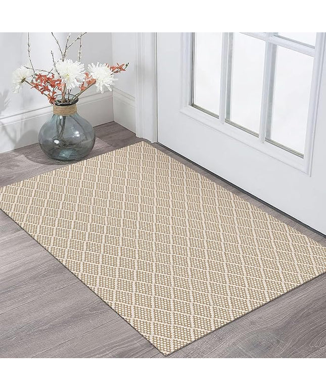 KOZYFLY Small Area Rug 2x3 Ft Washable Entryway Rug Non Slip Rubber Backed Throw Rugs Indoor Door Mat, Braided Cotton Floor Carpet for Front Entrance Front Door Sink Foyer, Tan/Beige