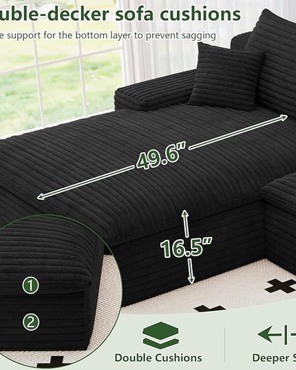 136" Cloud Couch Modular Sectional Sofa for Living Room, U-Shape Boneless Couch with Deep Seat, Modern Corduroy 4-Seater with Ottoman, No Assembly Required (Black,Left-Facing Chaise)