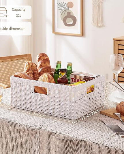 OIAHOMY Wicker Basket, Paper Shelf Basket with Built-in Handles, Rectangular Wicker Storage Bin for Pantry, Shelves, 1 Pack-White