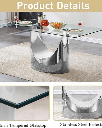 70" Large Glass Dining Table,Modern Rectangular Dining Room Table with 0.39" Tempered Glass Top & Silver Finish Stainless Steel Legs, Modern Clear Kitchen Table for Home Office