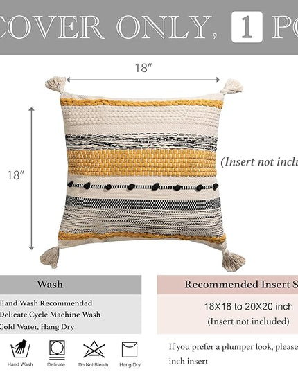 BlissBlush Yellow Mustard Decorative Throw Pillow Cover 18x18 Square Boho Accent Pillowcase Tassels Farmhouse Cushion for Couch Sofa Bedroom Living Room Home Décor Cover ONLY