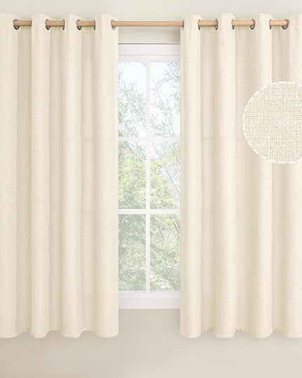 LAMIT Light Beige Linen Curtains 63 inch Length for Bedroom, Grommet Thermal Insulated Thick Curtains Burlap Light Filtering Panels for Living Room/Outdoor/French Door, Set of 2 Panels, W52 x L63