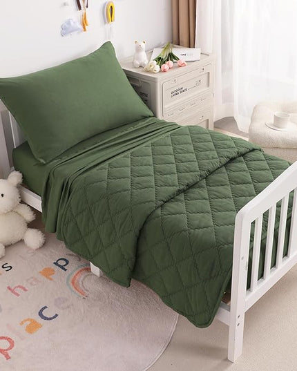 NTBAY Toddler Bedding Set - 4 Piece Soft and Breathable Crib Bedding Set for Boys and Girls, Includes Quilted Comforter, Fitted Sheet, Flat Top Sheet and Envelope Pillowcase, Olive Green