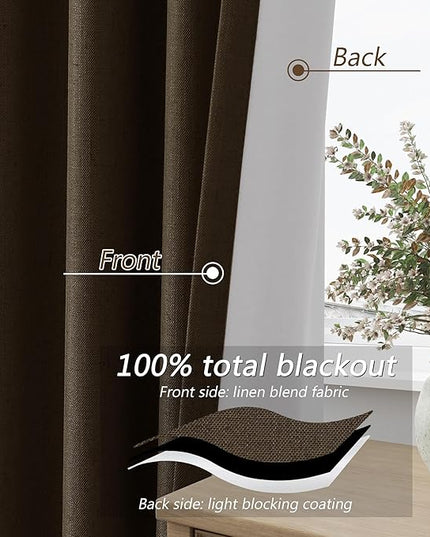 Guken 100% Blackout Curtains 84 Inch Length 2 Panels Set for Living Room Bedroom Back Tab Thermal Insulated Black Out Linen Drapes Room Darkening Chocolate,52x84