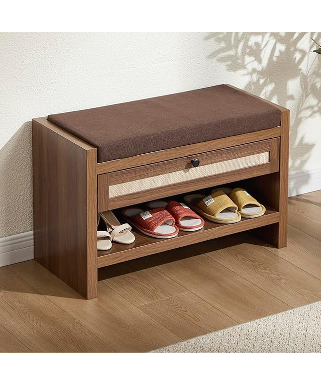 Rattan Shoe Bench Entryway Bench with Storage Drawer and Linen Seat Cushion, Farmhouse Boho Shoe Rack Bench, Wooden Storage Bench for Entryway Hallway and Bedroom - Oak