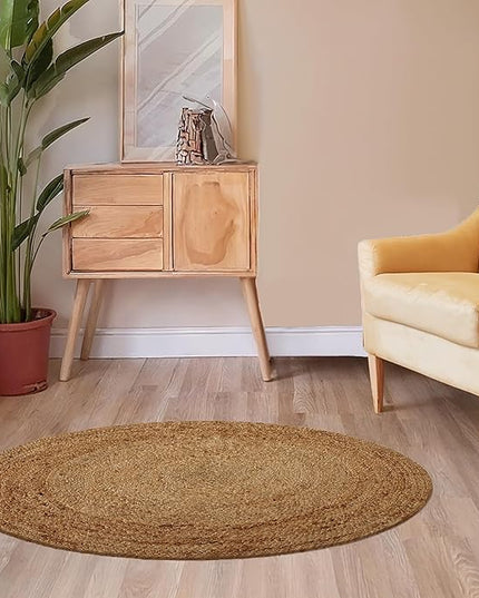 REDEARTH · Round Area Rug - 4 Feet Braided Natural Jute with Non-Skid Backing - Handwoven Boho Rug for Bedroom, Kitchen, Living Room - Farmhouse Aesthetic Home Decor - Durable Handmade Rug