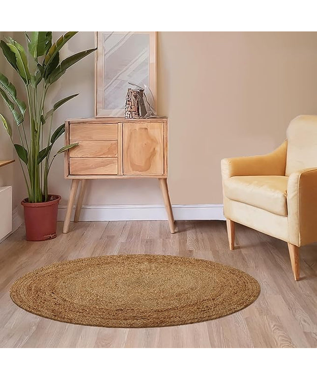 REDEARTH · Round Area Rug - 4 Feet Braided Natural Jute with Non-Skid Backing - Handwoven Boho Rug for Bedroom, Kitchen, Living Room - Farmhouse Aesthetic Home Decor - Durable Handmade Rug