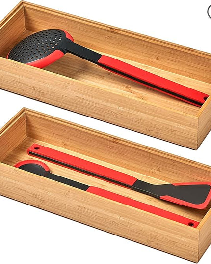 Umilife Bamboo Kitchen Drawer Organizer Boxes with Anti-Skid Silicone Feet, 2pcs Stackable Storage Bins for Kitchen Utensils & Silverware & Desk Drawer & Makeup, Tools Holder, 15”L x 6”W x 2.5”D Each