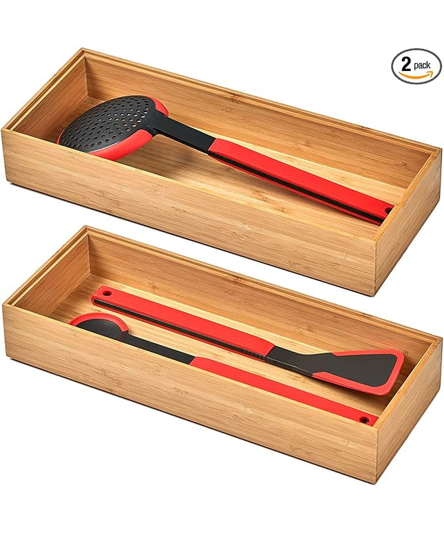 Umilife Bamboo Kitchen Drawer Organizer Boxes with Anti-Skid Silicone Feet, 2pcs Stackable Storage Bins for Kitchen Utensils & Silverware & Desk Drawer & Makeup, Tools Holder, 15”L x 6”W x 2.5”D Each