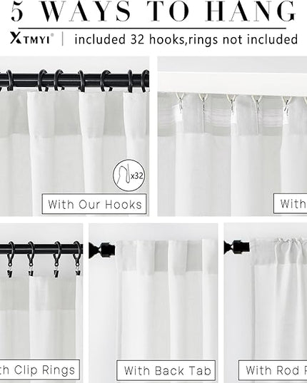 XTMYI 108 Inch Length White 2 Panels Back Tab/Hook Belt Linen Cotton Sheer Curtains for Bedroom,70 Inch Wide
