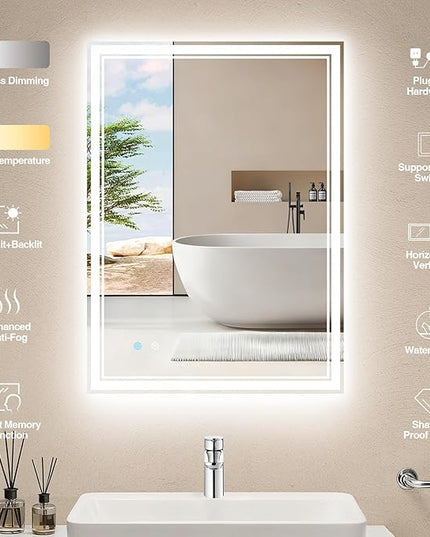 20"x28" LED Bathroom Mirror with Anti-Fog, Dimmable Backlit + Front Lit, 3 Colors LED Bathroom Vanity Mirror for Wall, Memory Function, Shatter-Proof Glass, ETL Listed(NHYJ5722D)
