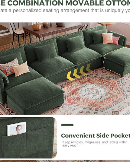 ELUCHANG Oversized 153" Modular Sectional Sofa, Comfy Cloud Couch, L Shaped Deep Seat Sofa Couches for Living Room, 5-Seater Modern Sofa with Movable Ottoman, DIY Combination - Chenille Green