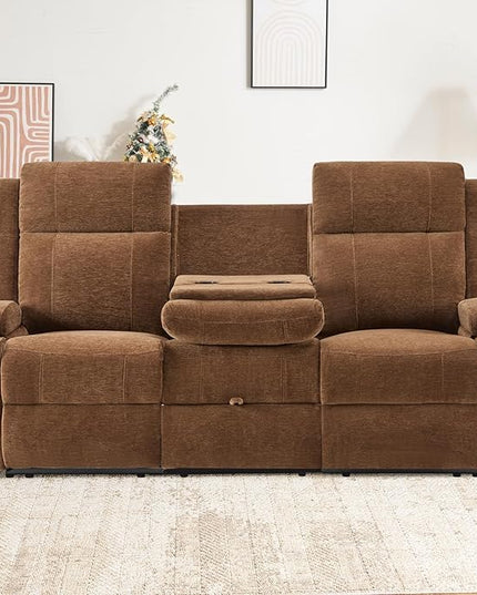 Reclining Sofa Couch,Loveseat Recliner Sofa with Drop Down Table/ 4 Cup Holder/Hidden Storage, Wall Hugger Recliner Sofa for Living Room & Home Theater & RV(Brown)