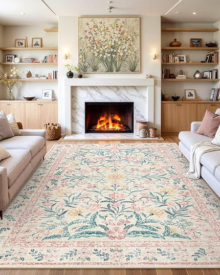 Wonnitar Machine Washable 10x14 Area Rugs, Large Living Room Rug Floral Pink and White Carpet, Boho Soft Ultra-Thin Foldable Carpets for Bedroom Dining Room Office