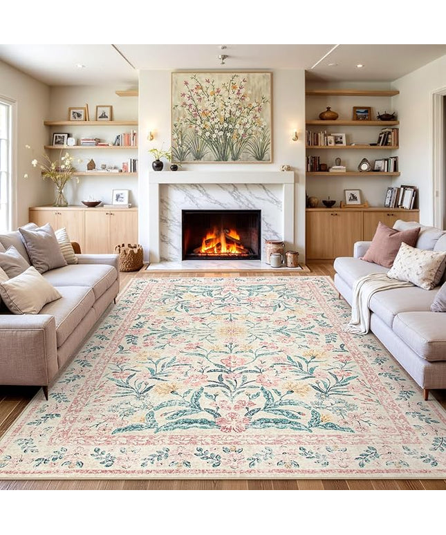 Wonnitar Machine Washable 10x14 Area Rugs, Large Living Room Rug Floral Pink and White Carpet, Boho Soft Ultra-Thin Foldable Carpets for Bedroom Dining Room Office