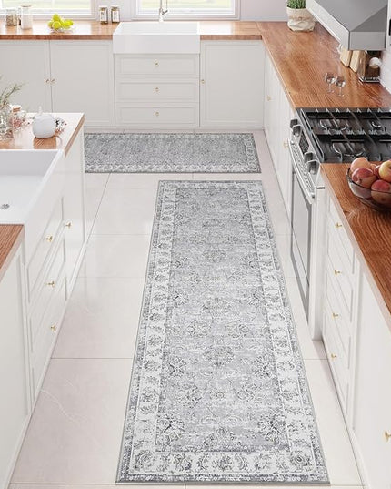 jinchan Fiora Runner Rug 3x8-2pcs Kitchen Washable Vintage Rug Hallway Rug Floral Print Floor Cover Indoor Thin Retro Mat Accent for Bathroom Laundry Room Bedroom Office Farmhouse (Double,Grey)