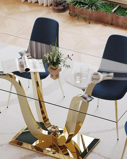 70'' Glass Dining Table for 4-8 People, Tempered Glass Top and Gold U Stainless Steel Base, Large Dining Room Desk for 6, Modern Glass Gold Kitchen Table for 6