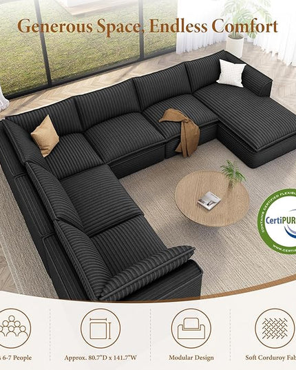 Vesgantti 141.7" Oversized Sectional Boneless Couch, Modern 7 Seater Modular Sofa with Chaise, Deep Seat Convertible Plush Corduroy Cloud Couches for Living Room, No Assembly Required, Dark Gray