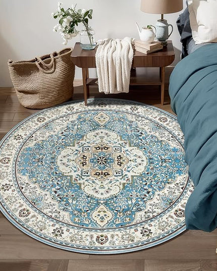 Ciicool Washable Area Rug Round 4’x4’ Boho Bedroom Rug Non-Slip Oriental Entry Throw Rug Low-Pile Indoor Floor Carpet for Living Room Laundry Foyer Decor (Vintage Blue)