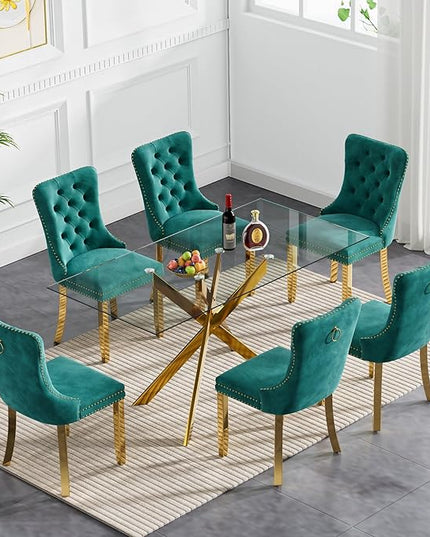 60" Glass Dining Table Set for 6, Modern Dining Room Table Set for 6, Gold X-Shape Pedestal Glass Table with 6pcs Green Dining Chairs, 7 Piece Dining Set for Dining Living Room