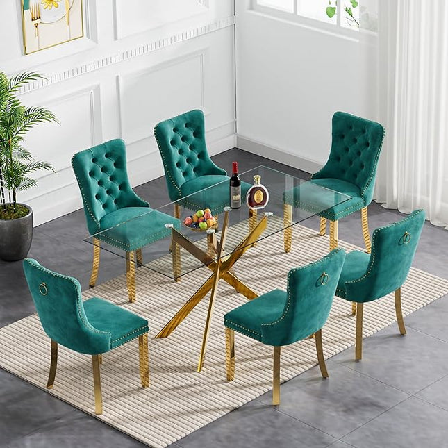60" Glass Dining Table Set for 6, Modern Dining Room Table Set for 6, Gold X-Shape Pedestal Glass Table with 6pcs Green Dining Chairs, 7 Piece Dining Set for Dining Living Room