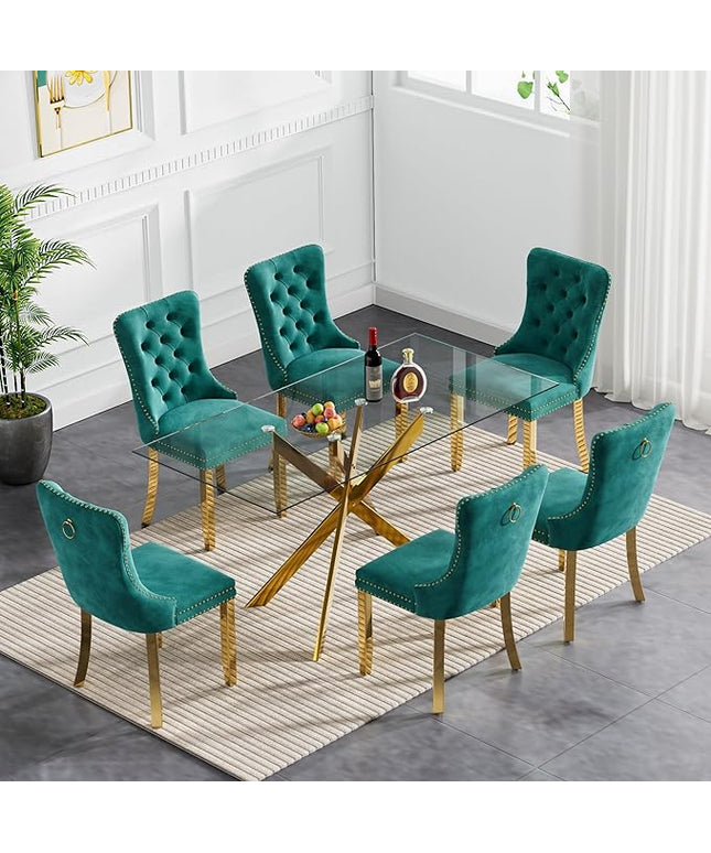 60.63in Rectangular Glass Dining Table Set for 6, Glass Gold Kitchen Table and Chair Set for 6, Modern 7 Piece Dining Room Set with 6 Fabric Upholstered Chairs, Metal Legs Home Kitchen Furniture