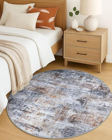 IOHOUZE Round Area Rug 5 Ft Circle Entryway Rugs Round Washable Door Mat Indoor Entrance, Non Slip Circle Front Door Rug, Printed Abstract Faux Wool Floor Carpet for Foyer Porch Sink, Orange Grey
