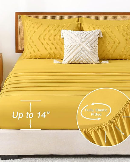 Litanika Queen Size Comforter Set with Sheets Mustard Yellow - 7 Pieces Bed in a Bag Queen Chevron Tufted Complete Bedding Sets with Comforter, Sheets, Pillowcases & Shams