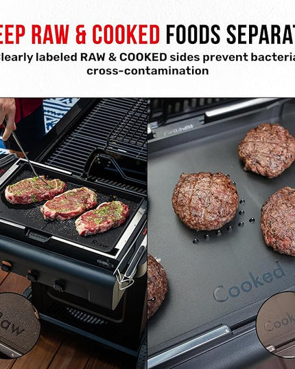 Grillbot FlipTray Dual-Sided Grilling Prep and Serving Tray - Raw/Cooked Food Separation, BBQ Grill Carry System Tray, Built-in Stainless Tools, BPA-Free, Dishwasher Safe, Tray for Outdoor Grill
