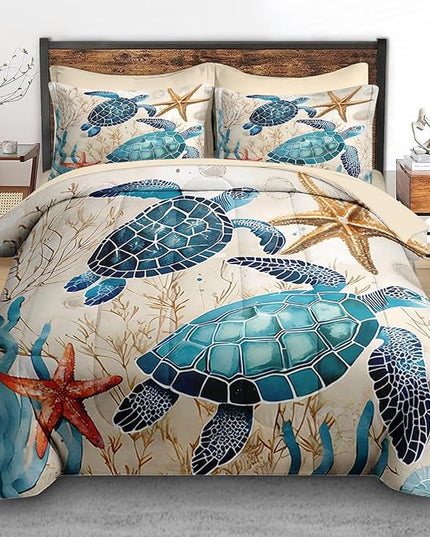 Comforter Set King Size, Ocean Coral Sea Turtle 7 Pcs Bedding for Kids and Adults, Blue Shell Animal Bed Sheet Sets with Fitted Sheet 2 Pillowcases & 2 Shams for Bedroom Bed Decor