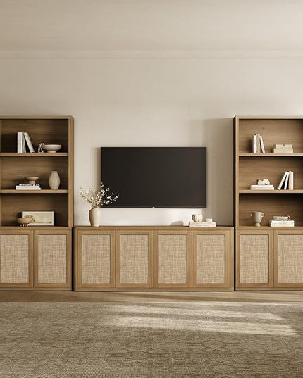 SICOTAS Rattan TV Stand for 65 70 inch TV - Large Entertainment Center TV Consoles for Living Room Bedroom, Farmhouse Television Stands with Storage Cabinet Boho Modular Media Console, Amber Oak