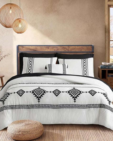 MaiRêve Embroidery Comforter Set Queen Size - 7 Piece, White Boho Western Bedding All Season Bed in A Bag, Farmhouse Queen Comforter Set with Sheets, Pillowcases & Shams