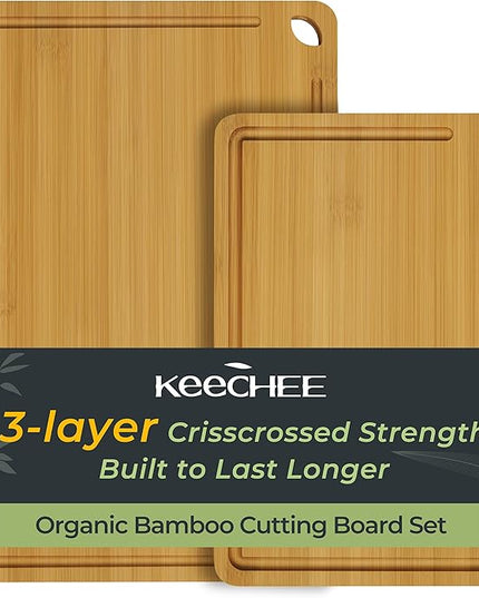 Chopping Board 2-Pcs Natural Bamboo Cutting Board With Juice Channels & Knife-Friendly Finish For Versatile Kitchen Use, Ideal Charcuterie & Chopping Multi-Use