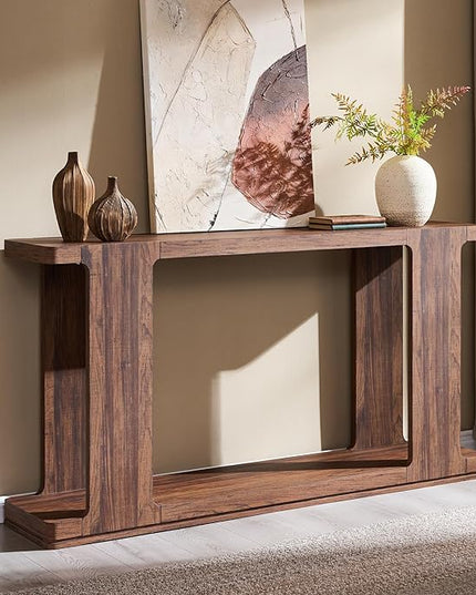 OKD 63 Inch Modern Entryway Console Table, 2-Tier Long Sofa Table Behind Couch with Curved Edge, Wood Farmhouse Narrow Entry Table for Hallway, Living Room, Foyer, Entrance, Rustic Walnut